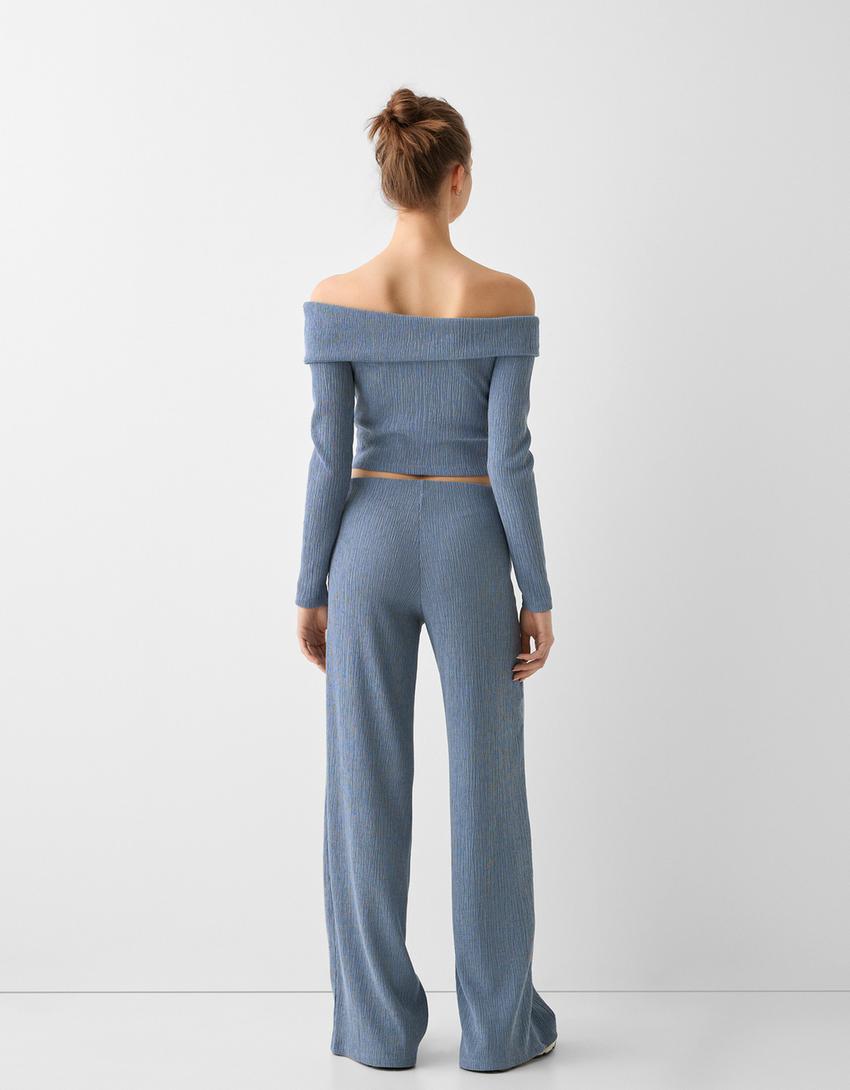 Pantalon wide leg gaufré-Bleu-2