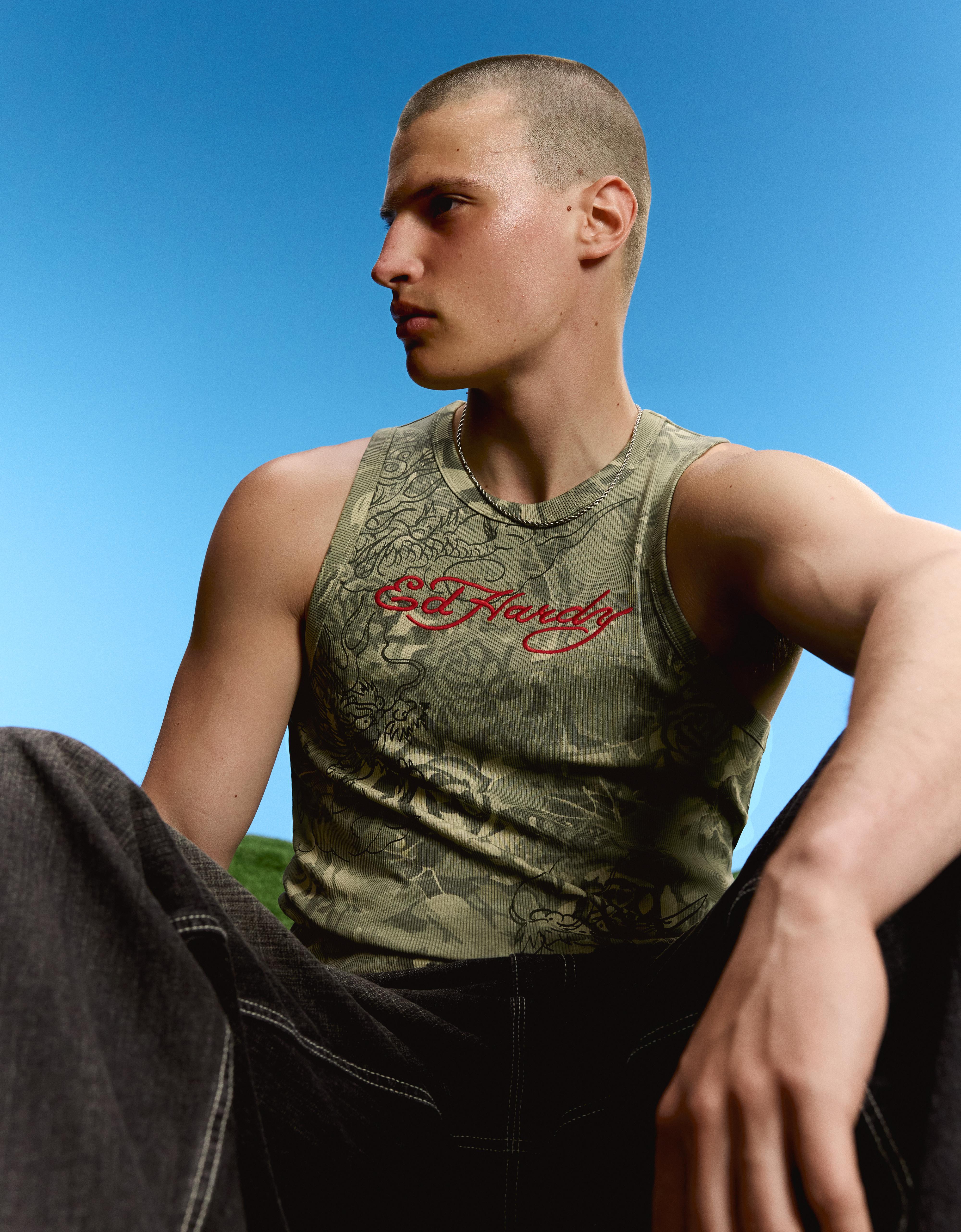ED HARDY X BERSHKA print vest top — Khaki