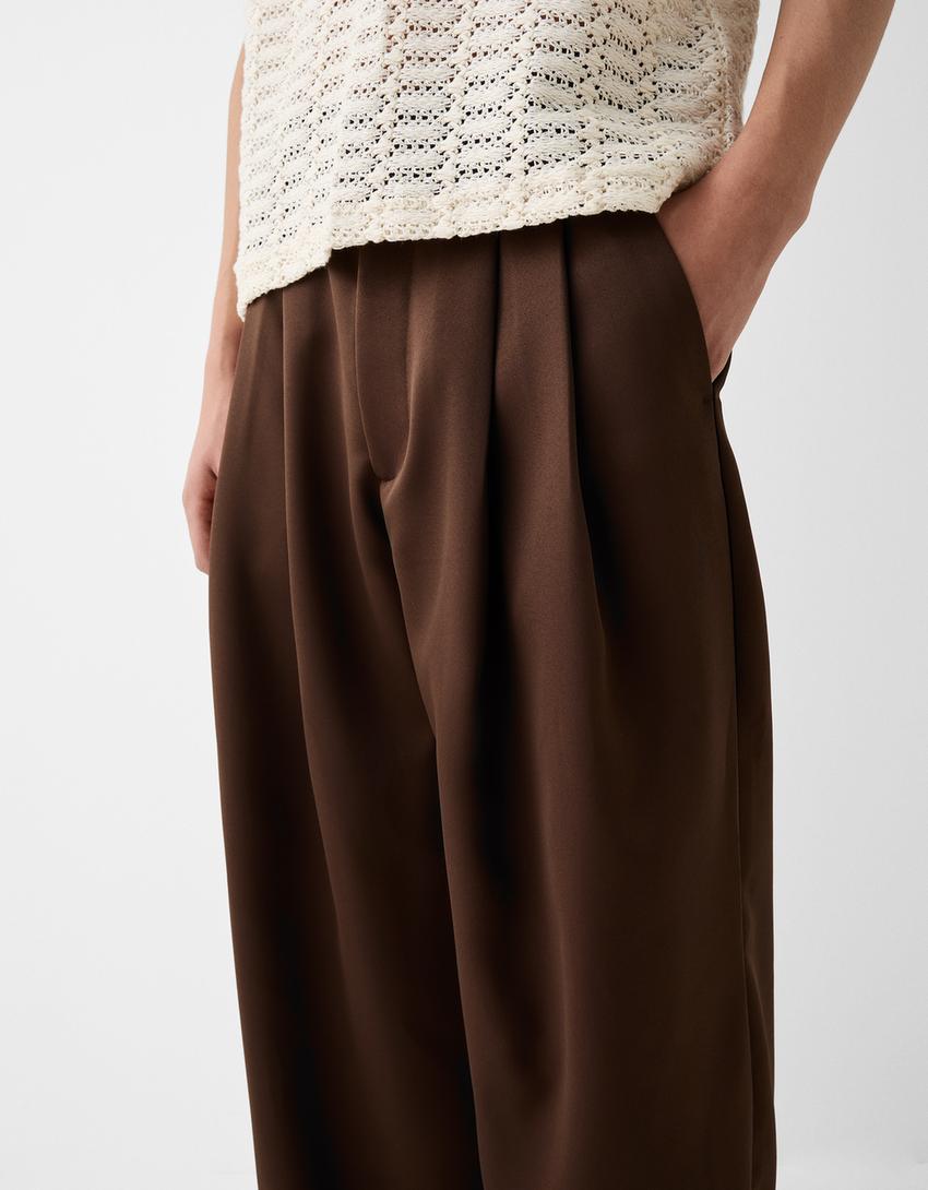 Pantalon tailoring satiné pinces-Marron-3