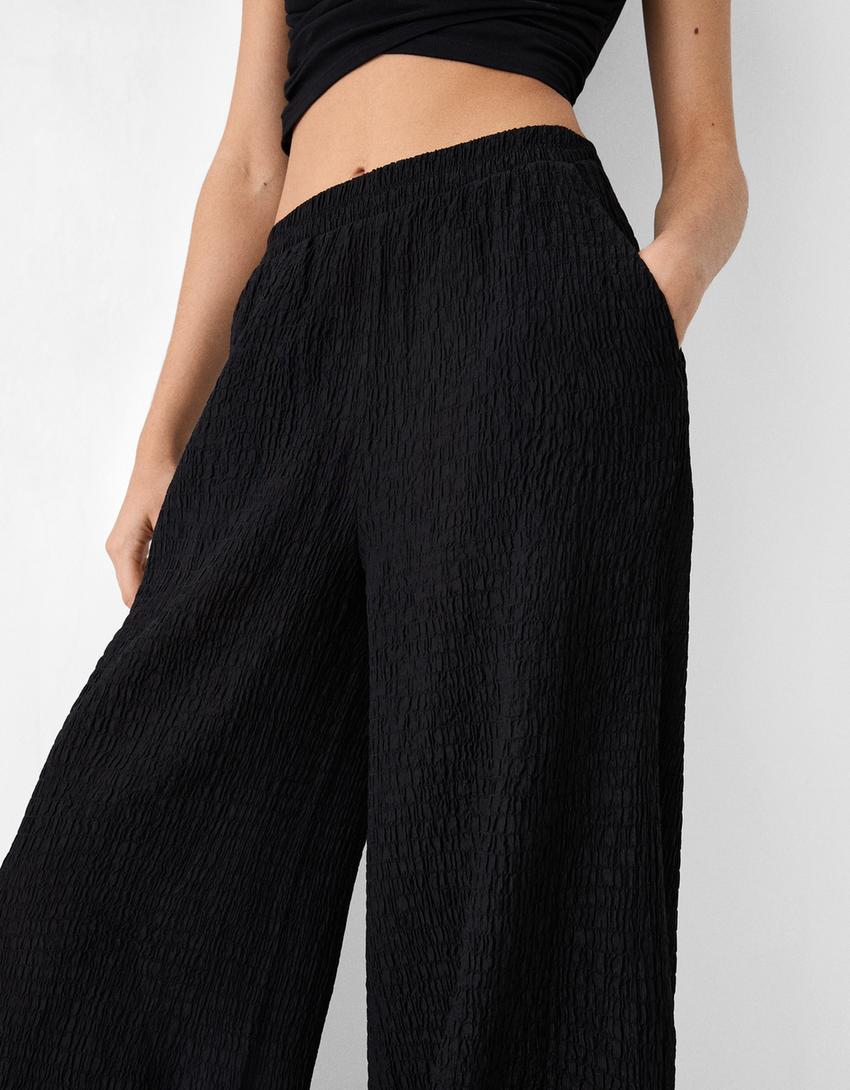 بنطال منقوش واسع الساقين-أسود-3