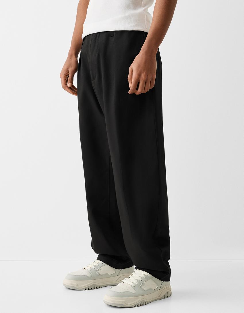 Calças tailored fit balloon com tencel-Preto-1