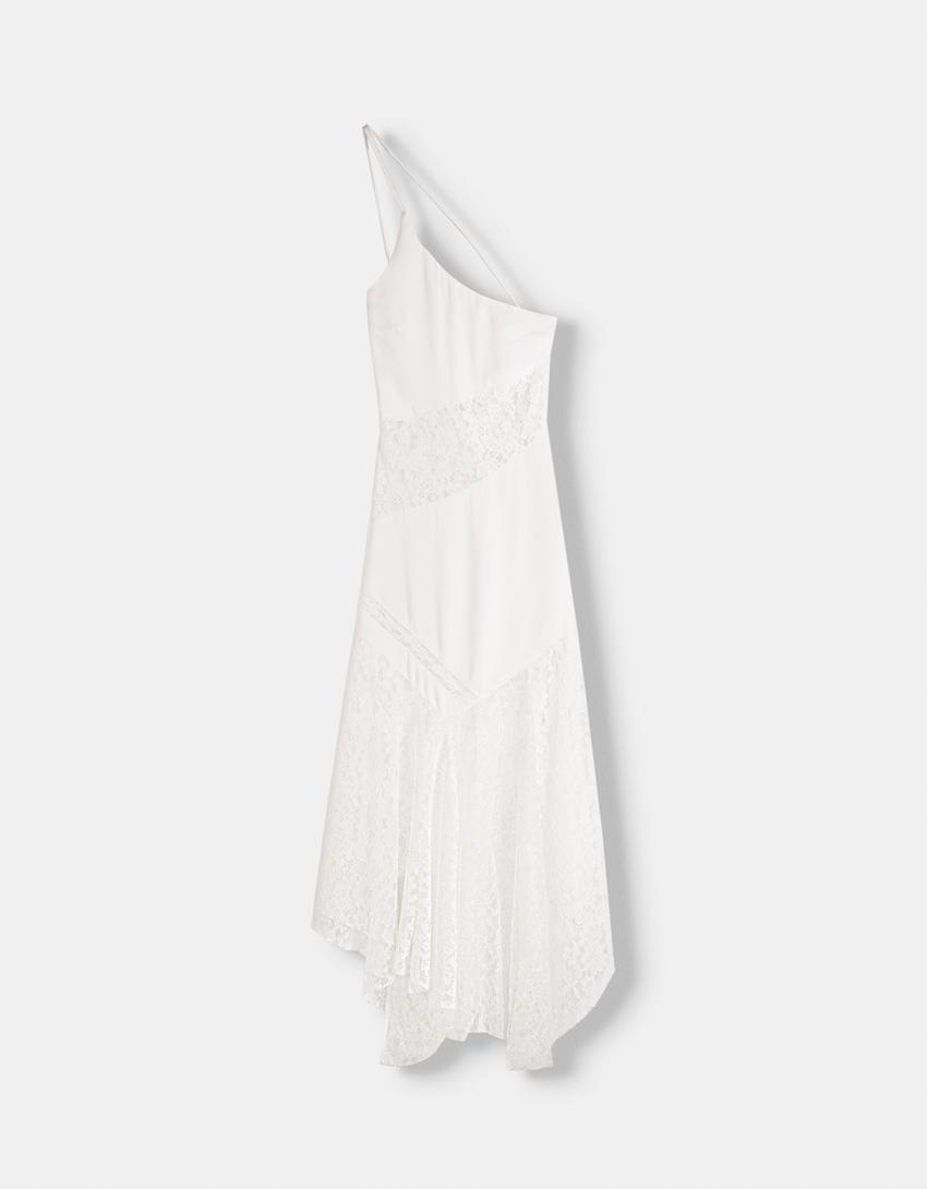 فستان غير متماثل متوسط الطول بدانتيل شريطي-أبيض-6