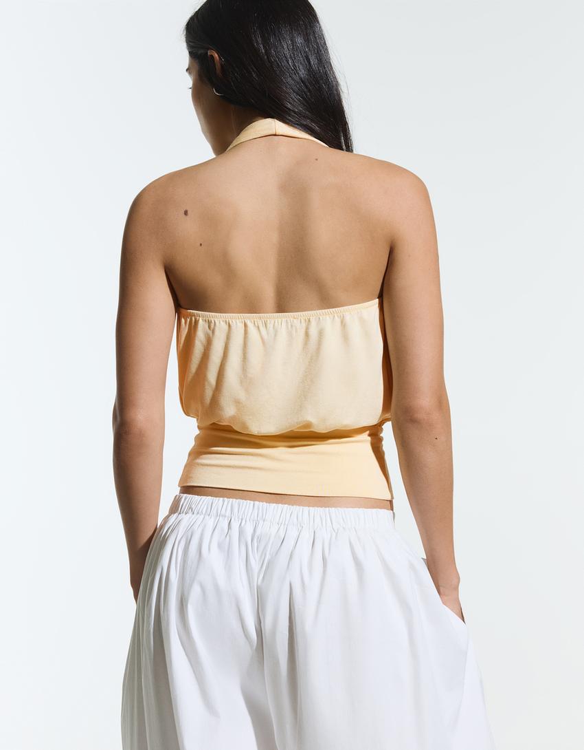 Ruched crossover top with sash-Yellow
