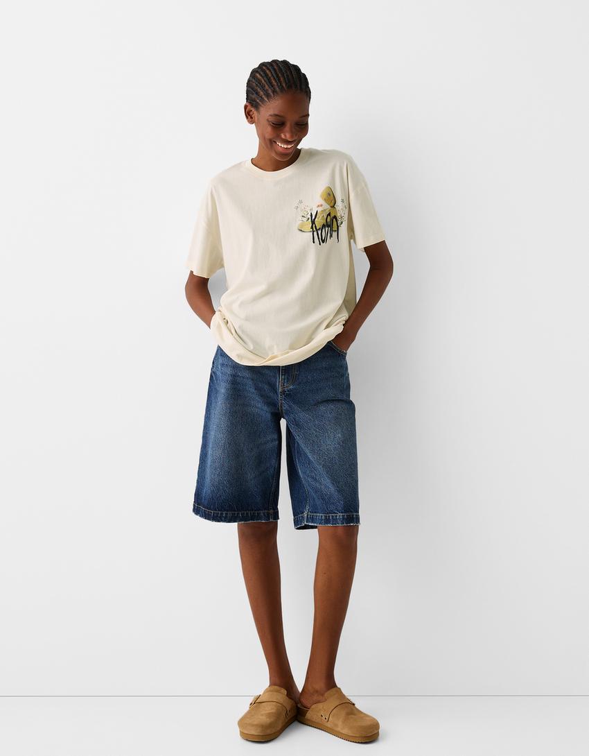 تيشرت بطبعة كورن وأكمام قصيرة-كريمي-3