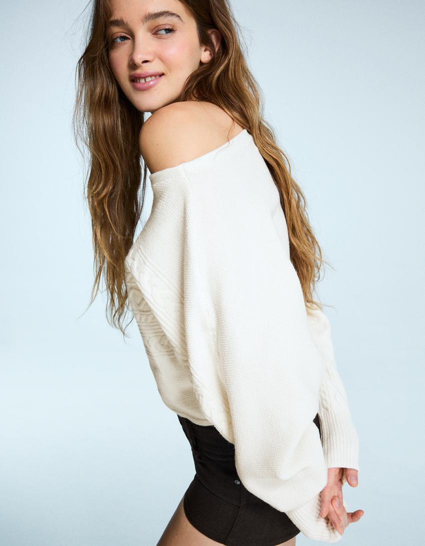 Braided boat neck jumper-Cream