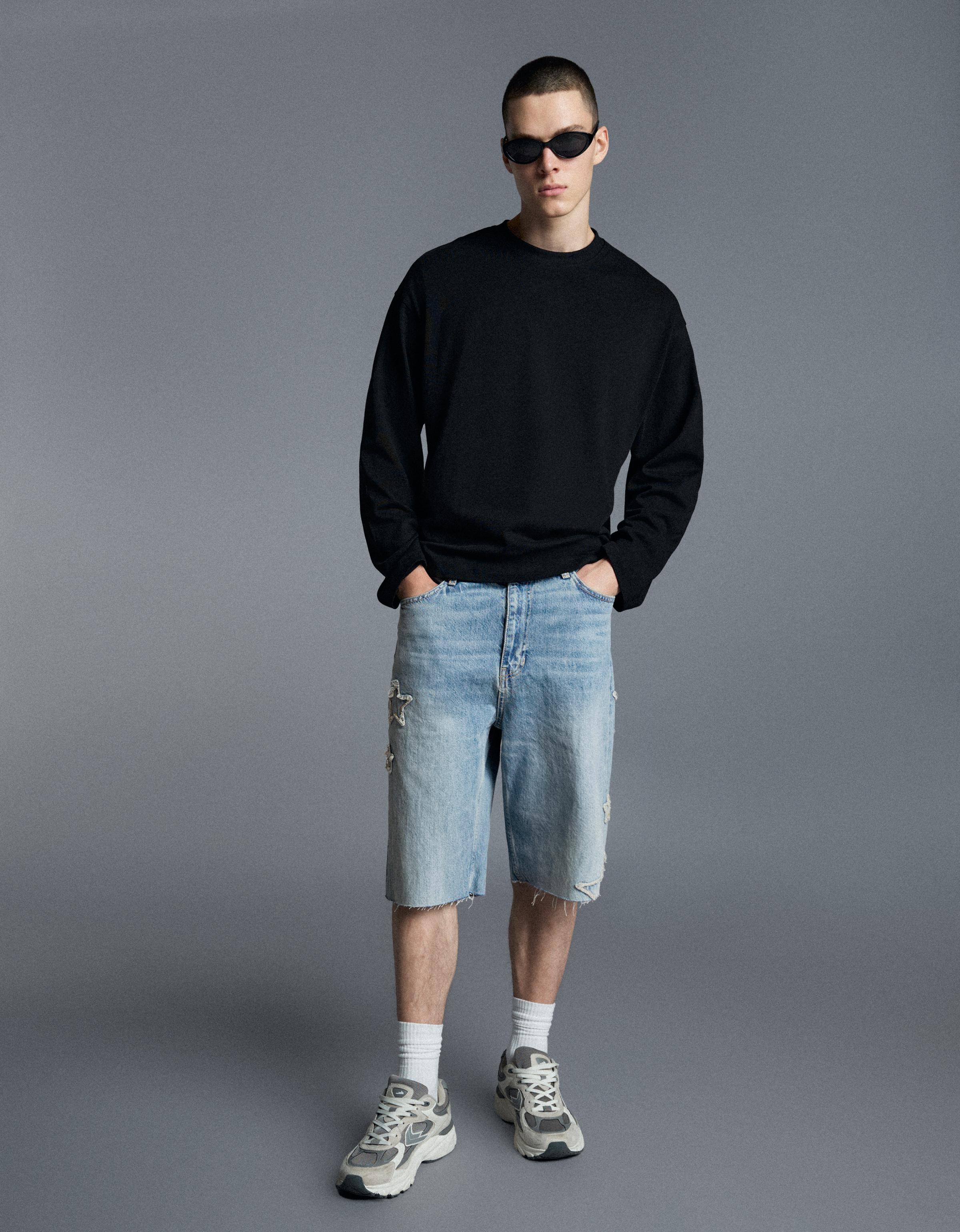 Star patch baggy denim Bermuda shorts — Light blue