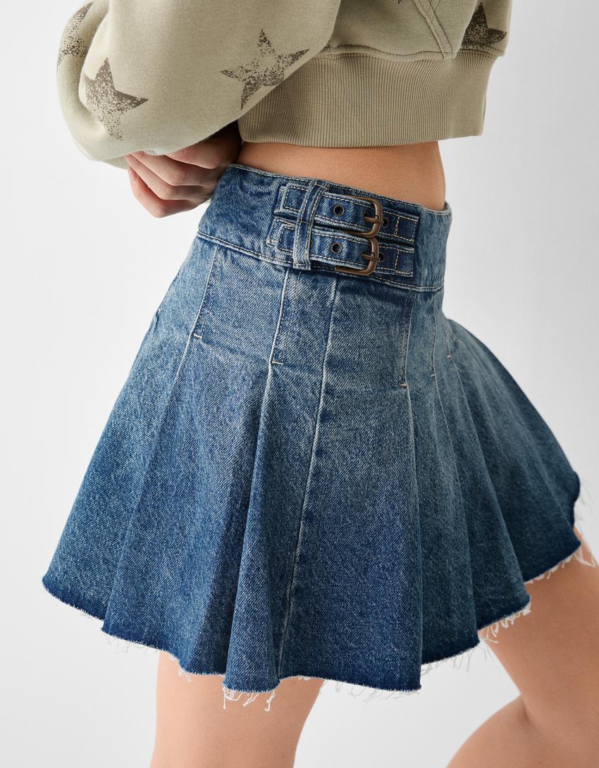Minijupe-culotte denim plissée-Bleu lavé-5
