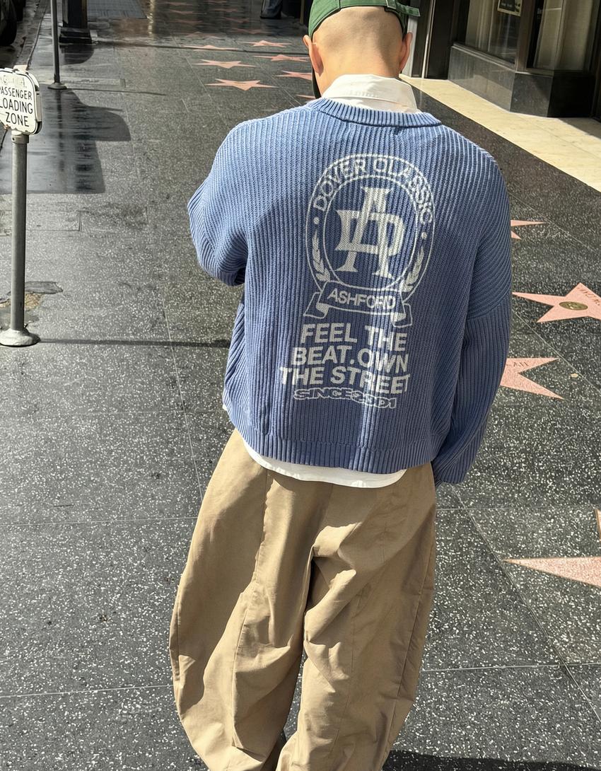 Printed boxy fit crew neck sweater-Blue