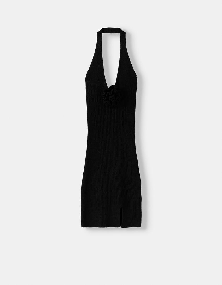 فستان قصير بحمالات وفتحة عنق بأزهار-أسود-5