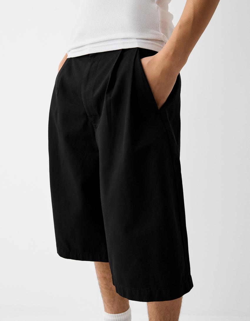 برمودا من مزيج قطني بساق عريضة وثنيات أمامية-أسود-3