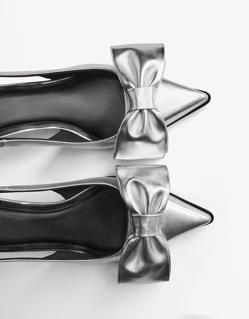 Bow kitten heel shoes-SILVER
