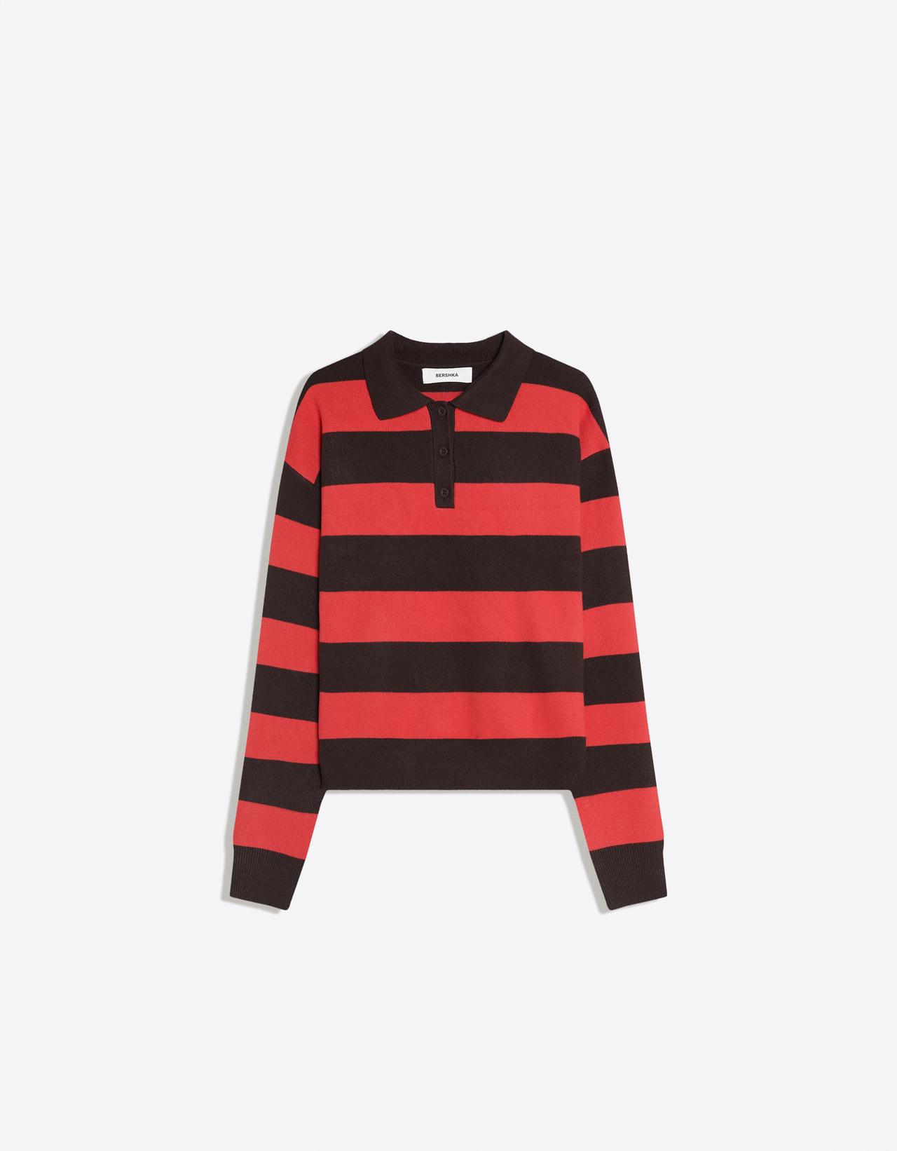 Button-up boxy polo collar jumper — Brown
