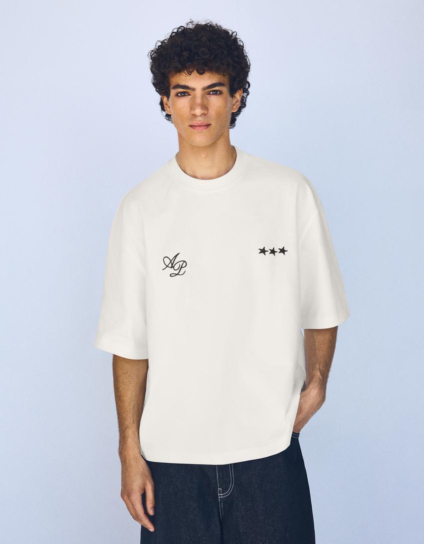 T-shirt boxy brodé-Blanc cassé