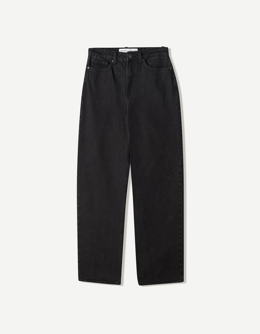 Straight fit geniş paça jean-Siyah-4
