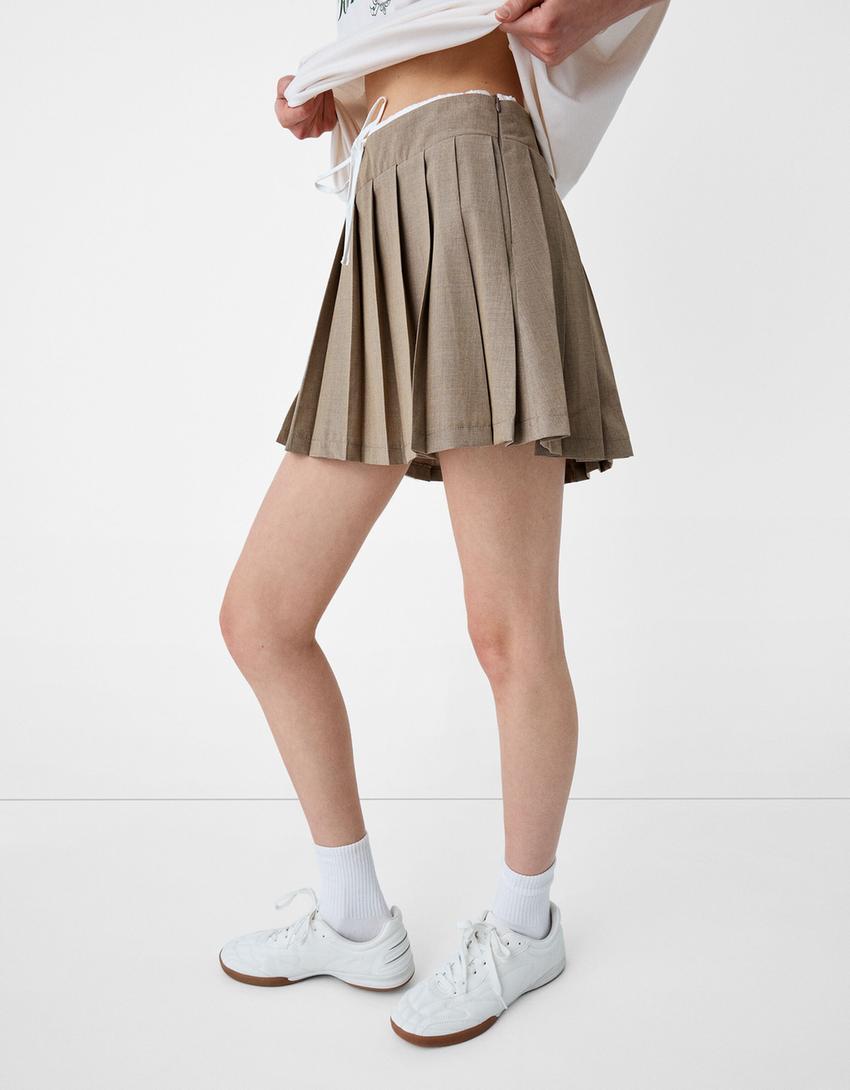 Contrast elastic poplin box pleat mini skirt-Sand