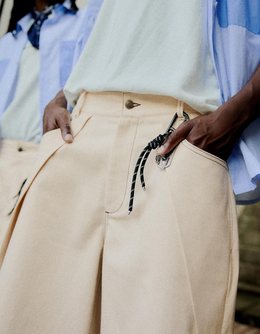 Piliseli süper baggy fit bermuda-Krem