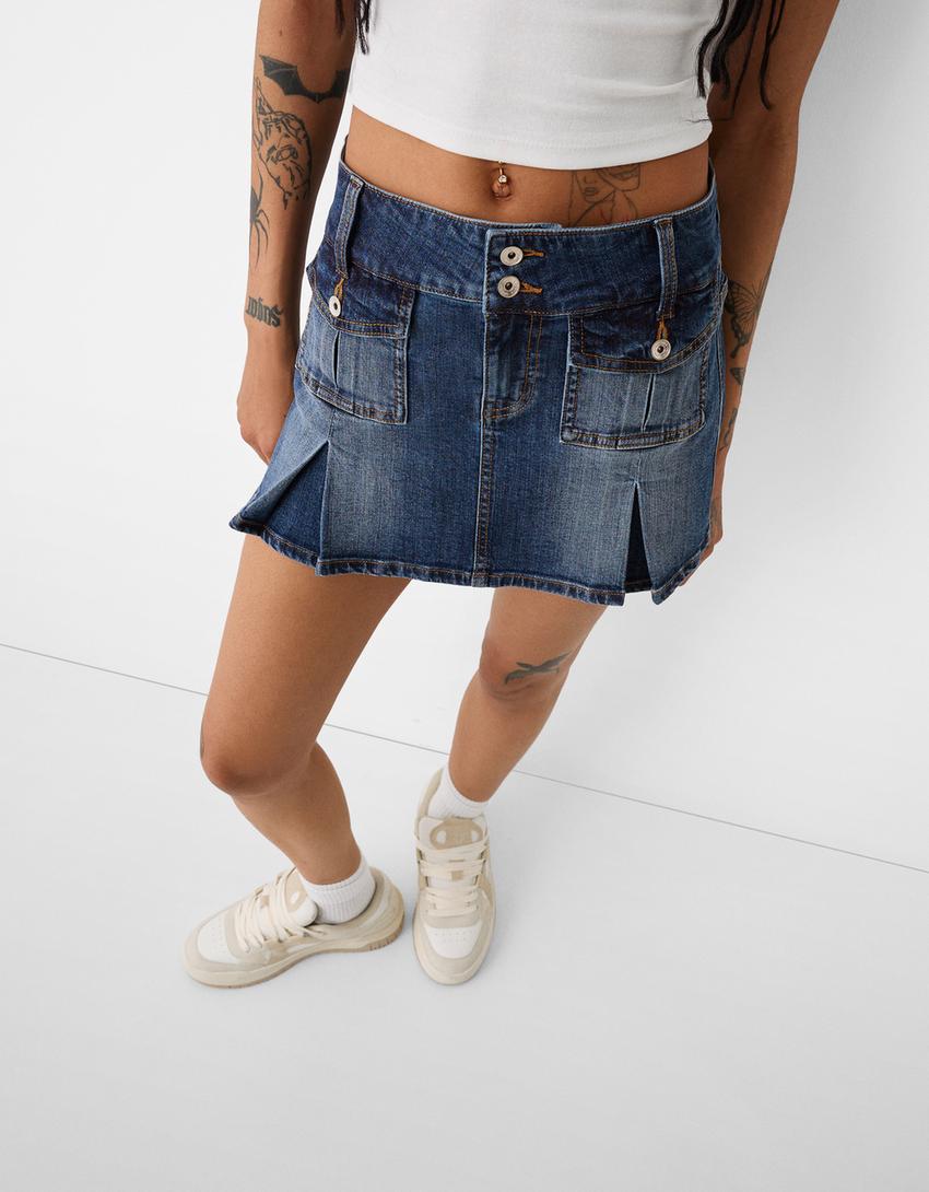 تنورة قصيرة كارغو بكسرات-أزرق مغسول من الخارج-3