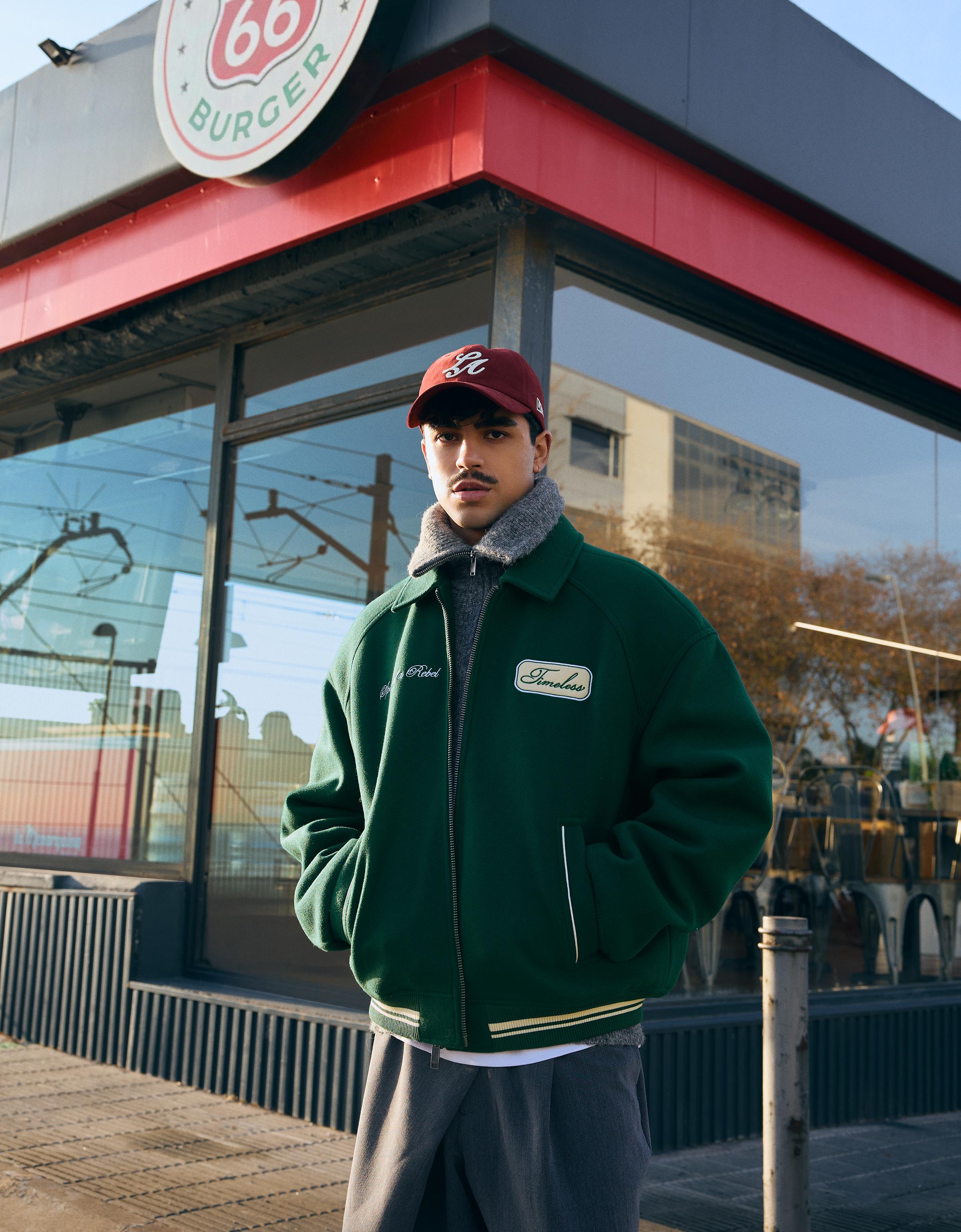 Bershka Bestickte Tuchjacke Herren S Grün