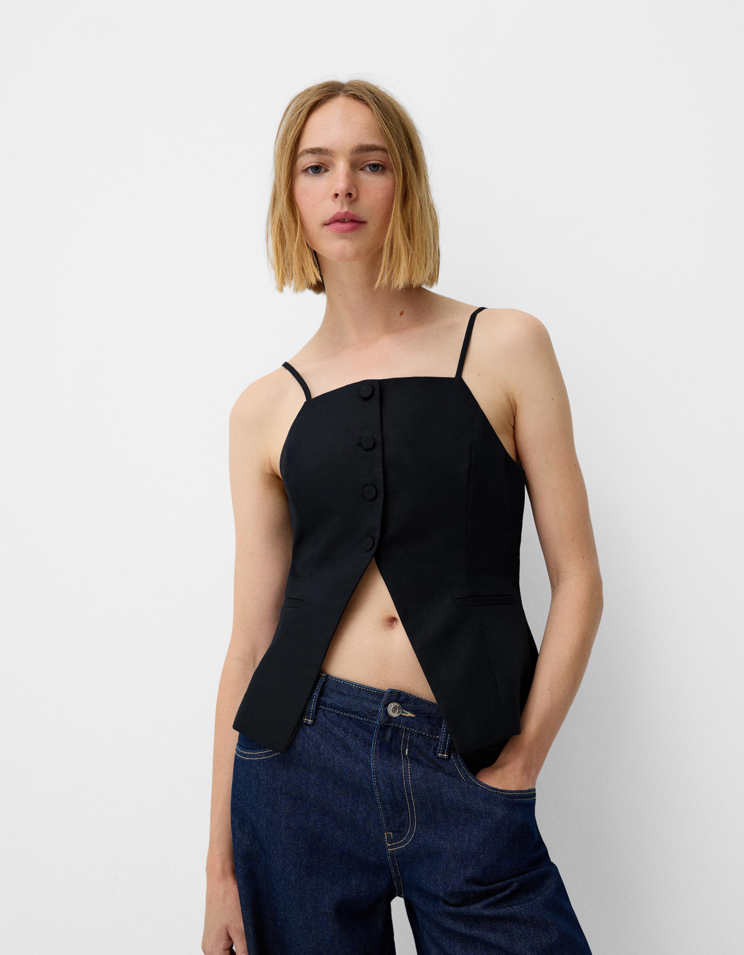 Bershka Weste Mit Träger Und Leinen Damen Xl Schwarz