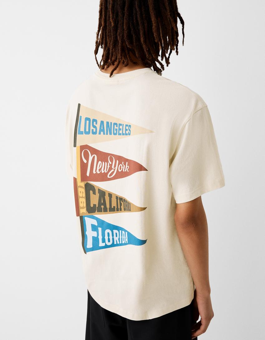 T-shirt manches courtes boxy fit universitaire imprimé-Camel-2