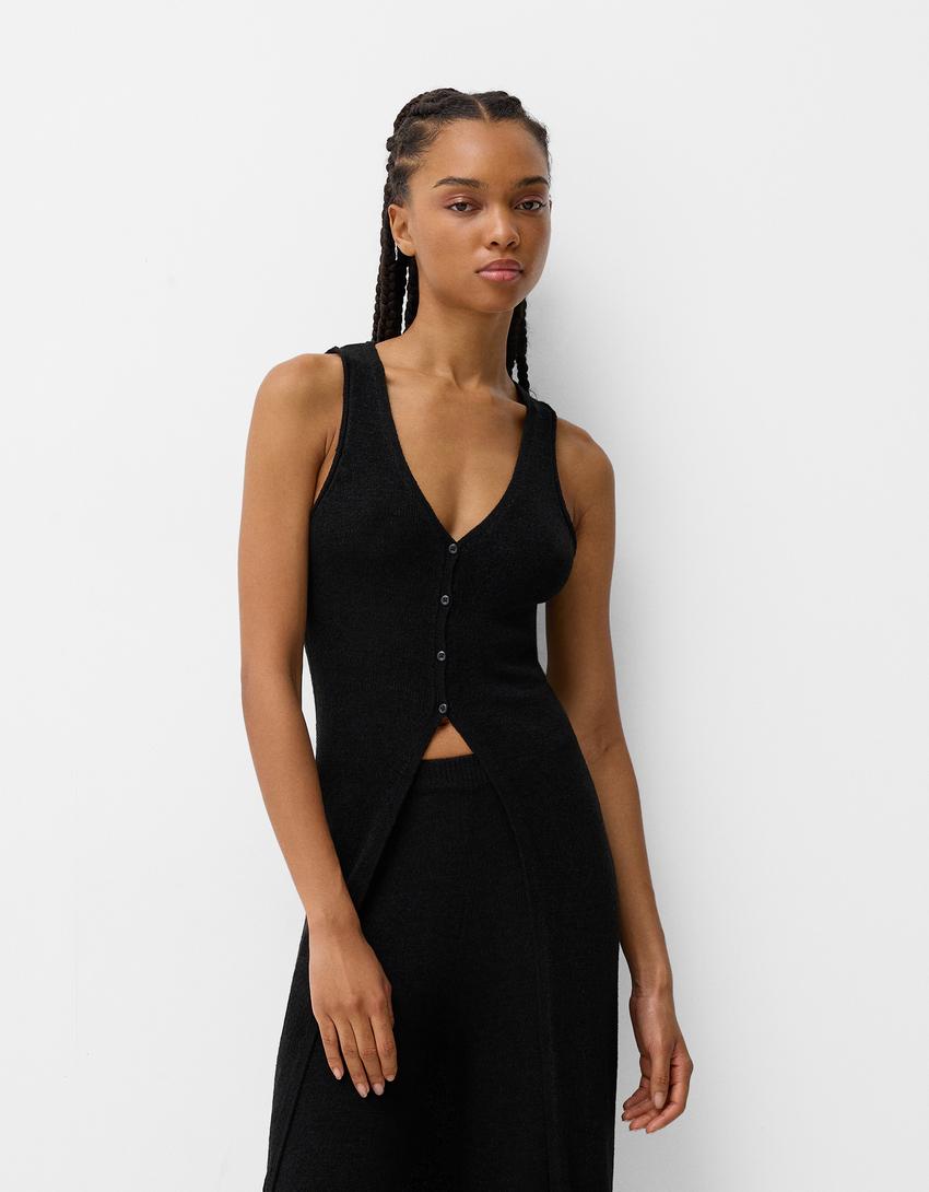Ensemble gilet sans manches et pantalon flare-Noir-1