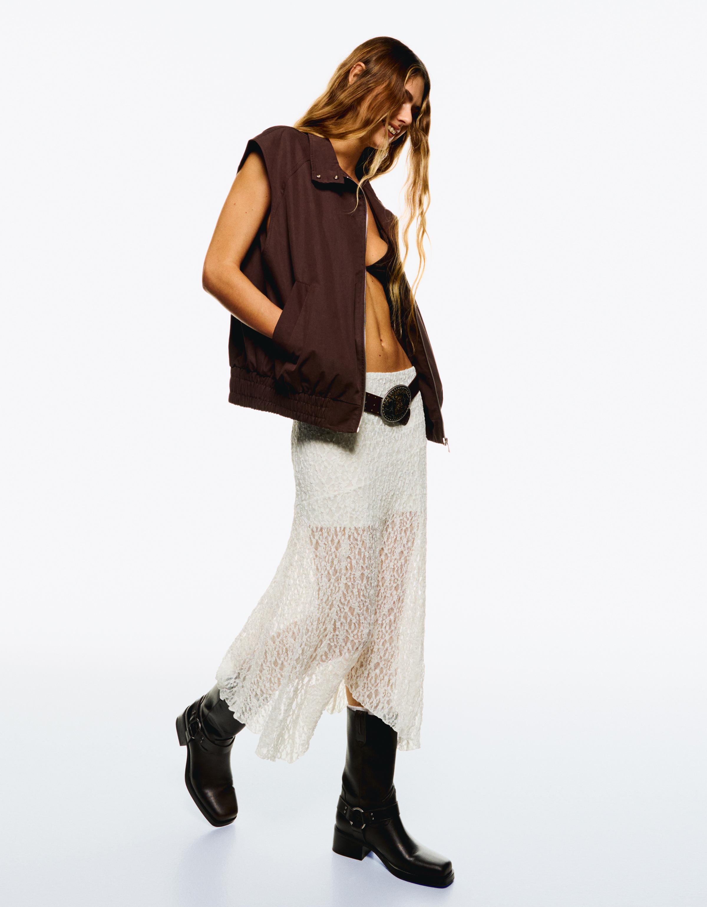 Bershka Midirock Mit Spitze Damen M Grbrochenes Weiss