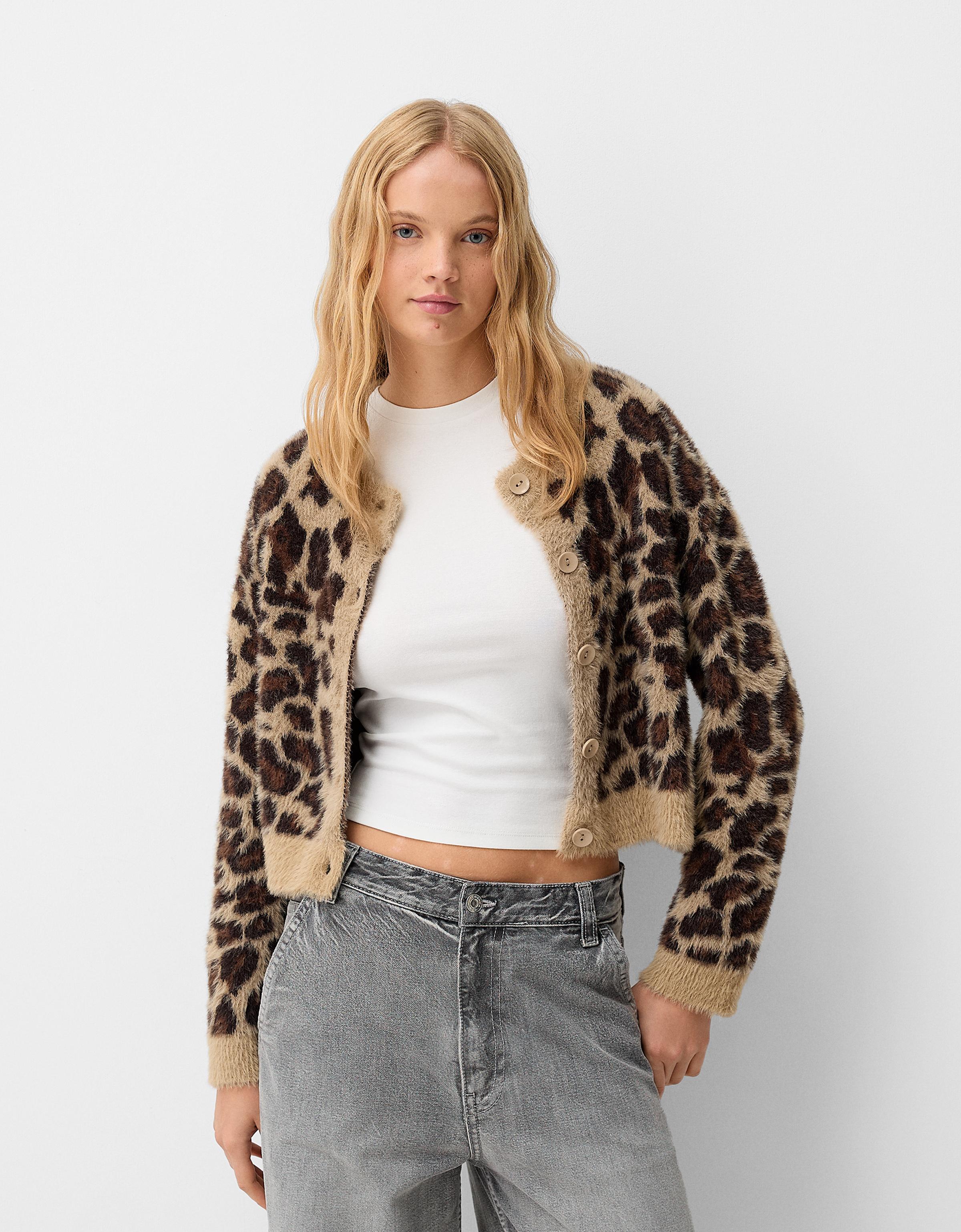 Bershka Jacke Aus Kunstfell Mit Animalprint Damen Xs Braun