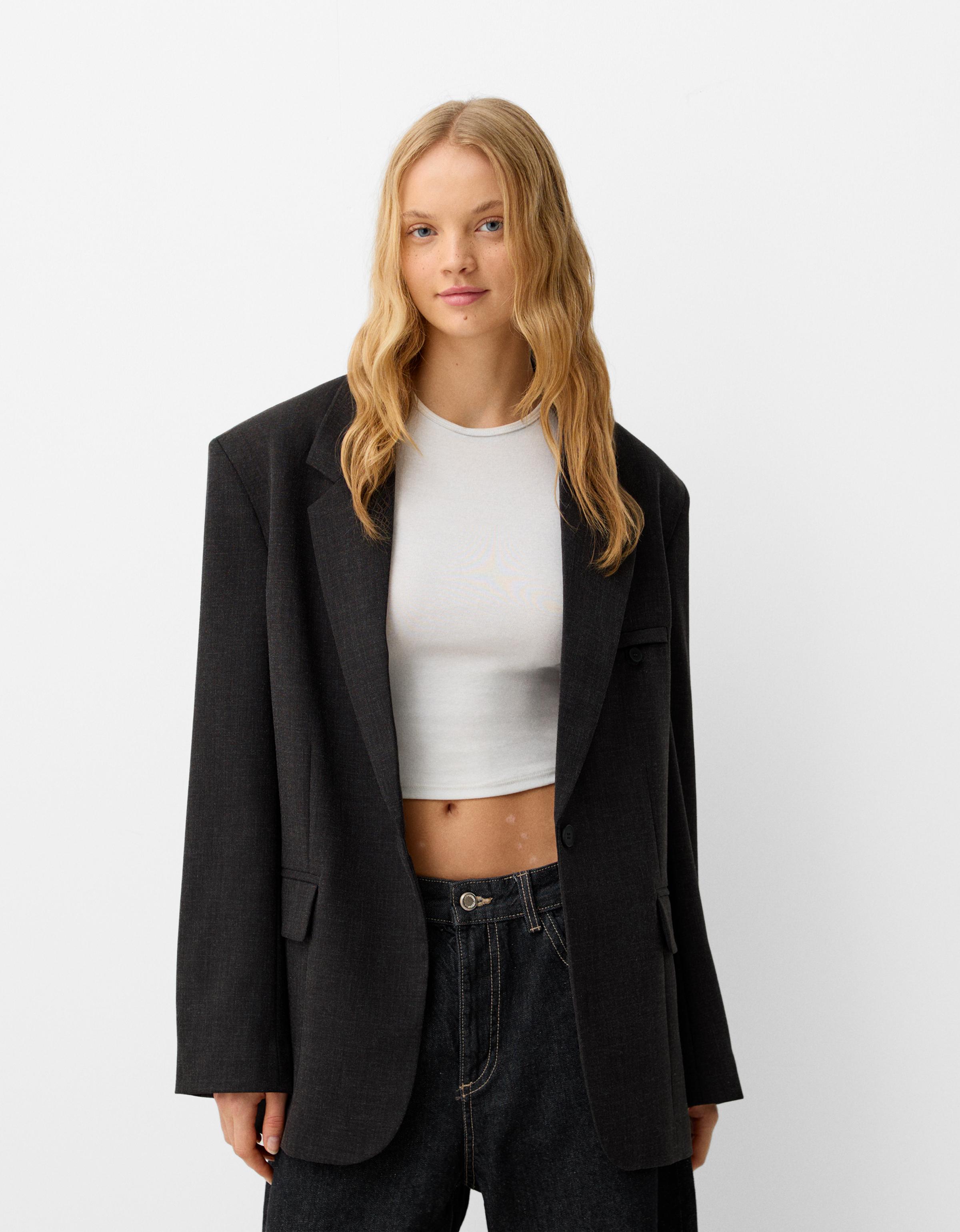 Bershka Melierter Oversize-Blazer Damen M Dunkelgrau