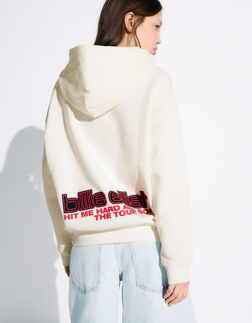 Billie Eilish baskılı kapüşonlu sweatshirt-Kirli beyaz
