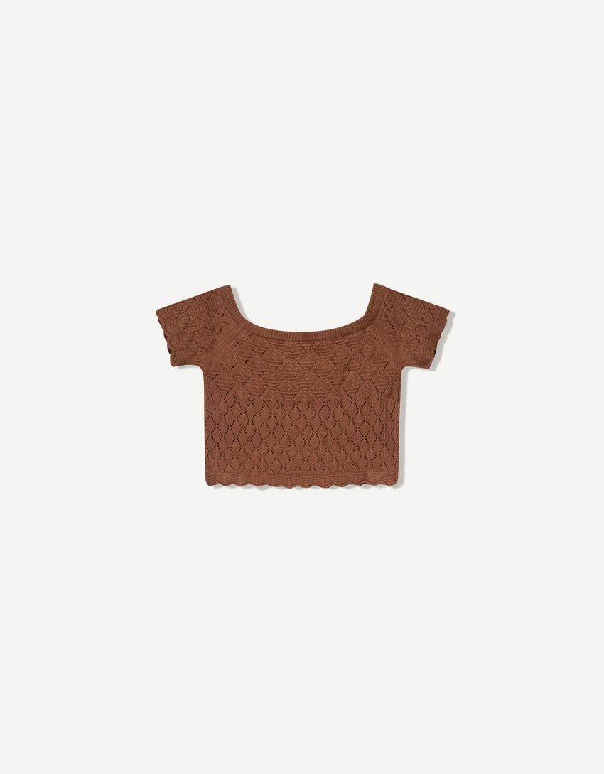 Pull manches courtes rustique Bardot-Marron-4