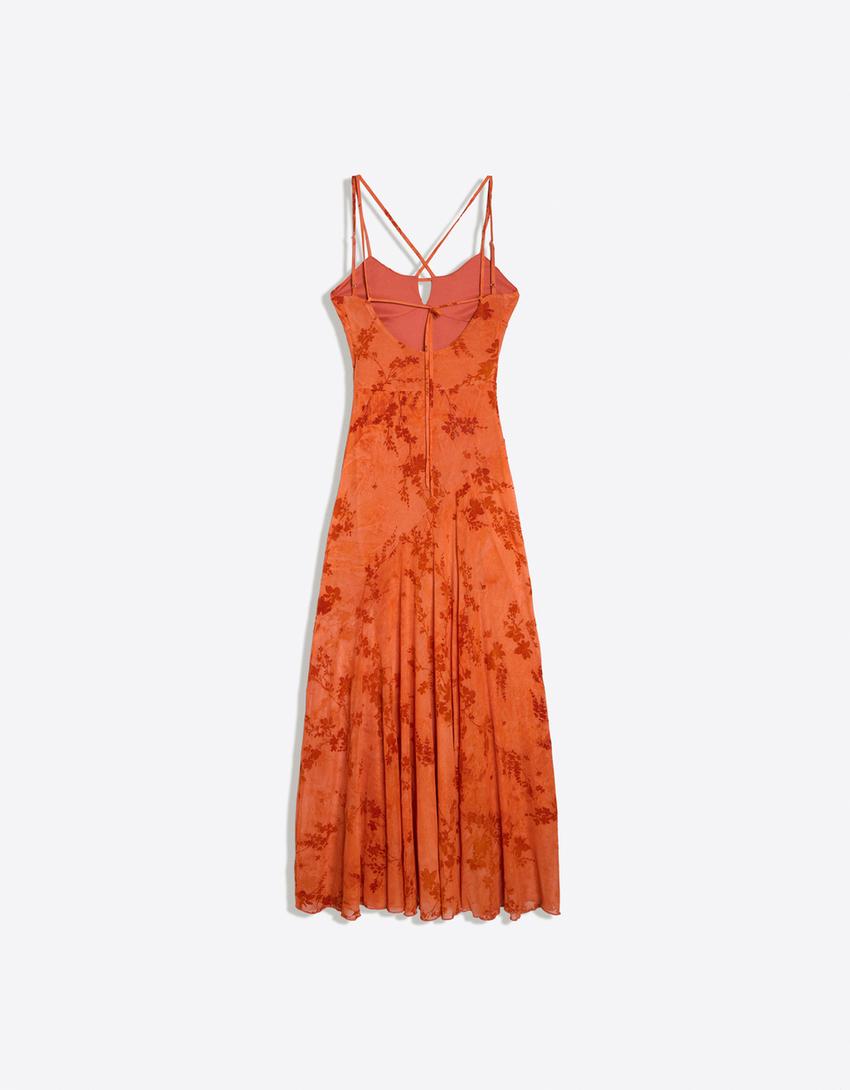 Flocked tulle strappy midi dress-Orange