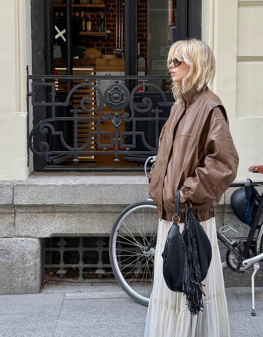 Faux leather oversize jacket-Brown-1