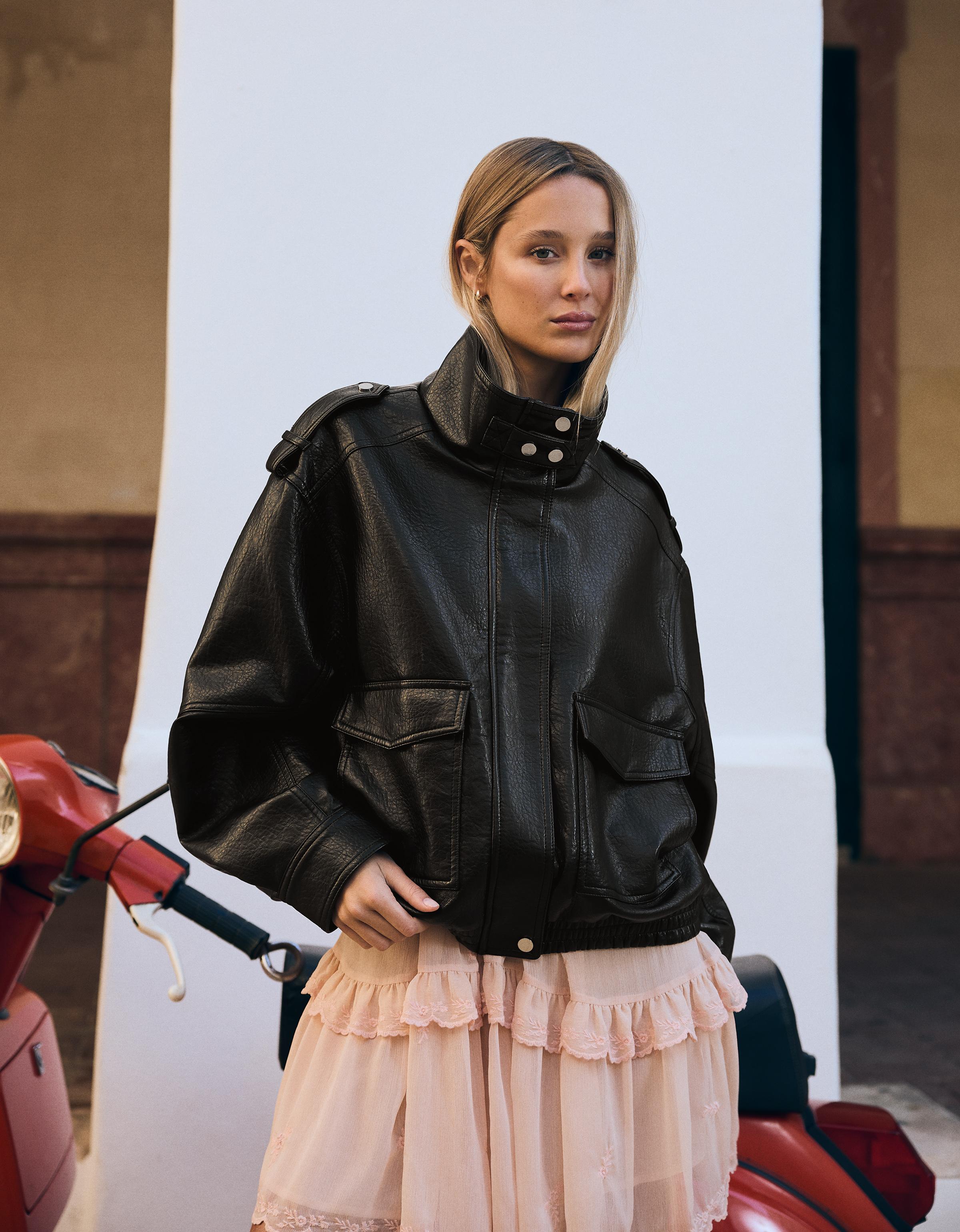 Leather effect funnel neck jacket — Black