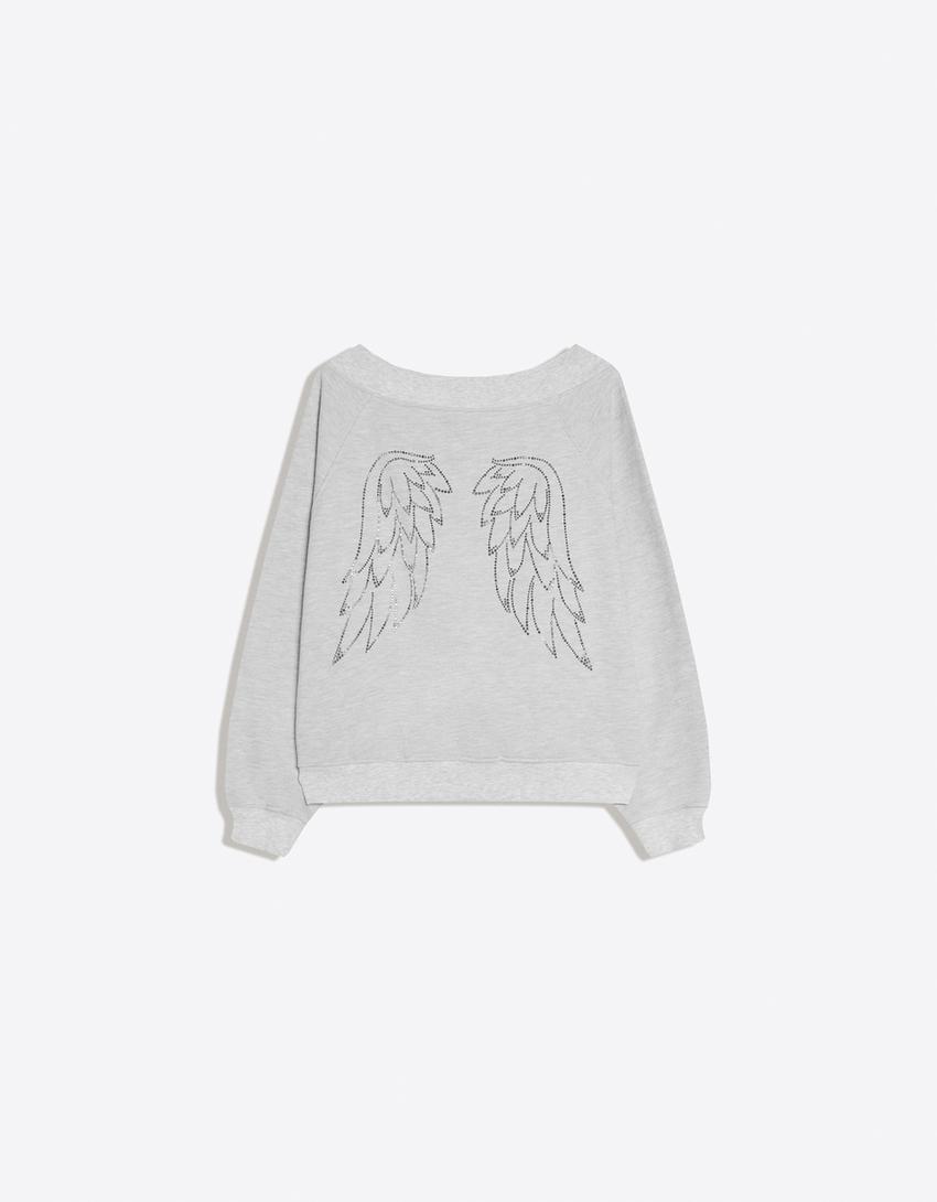 Camisola decote bardot strass-Cinza