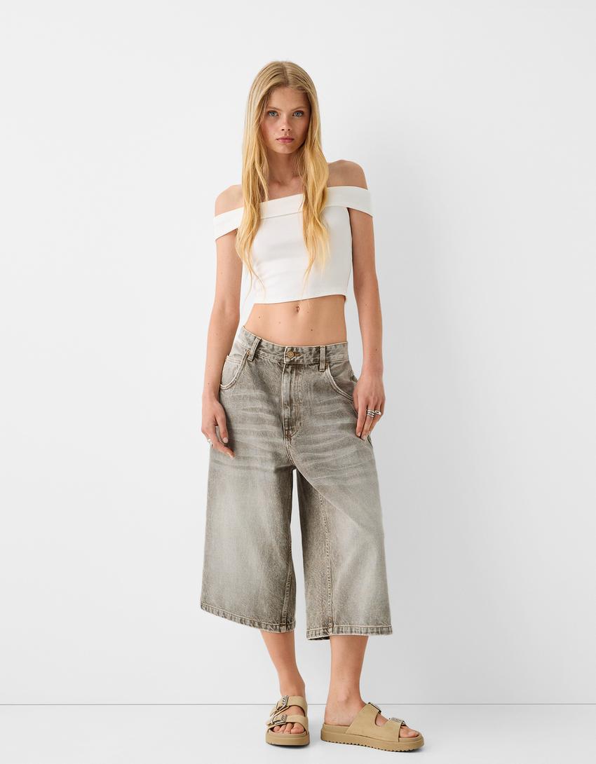 Calções bermuda denim super baggy-Verde-3