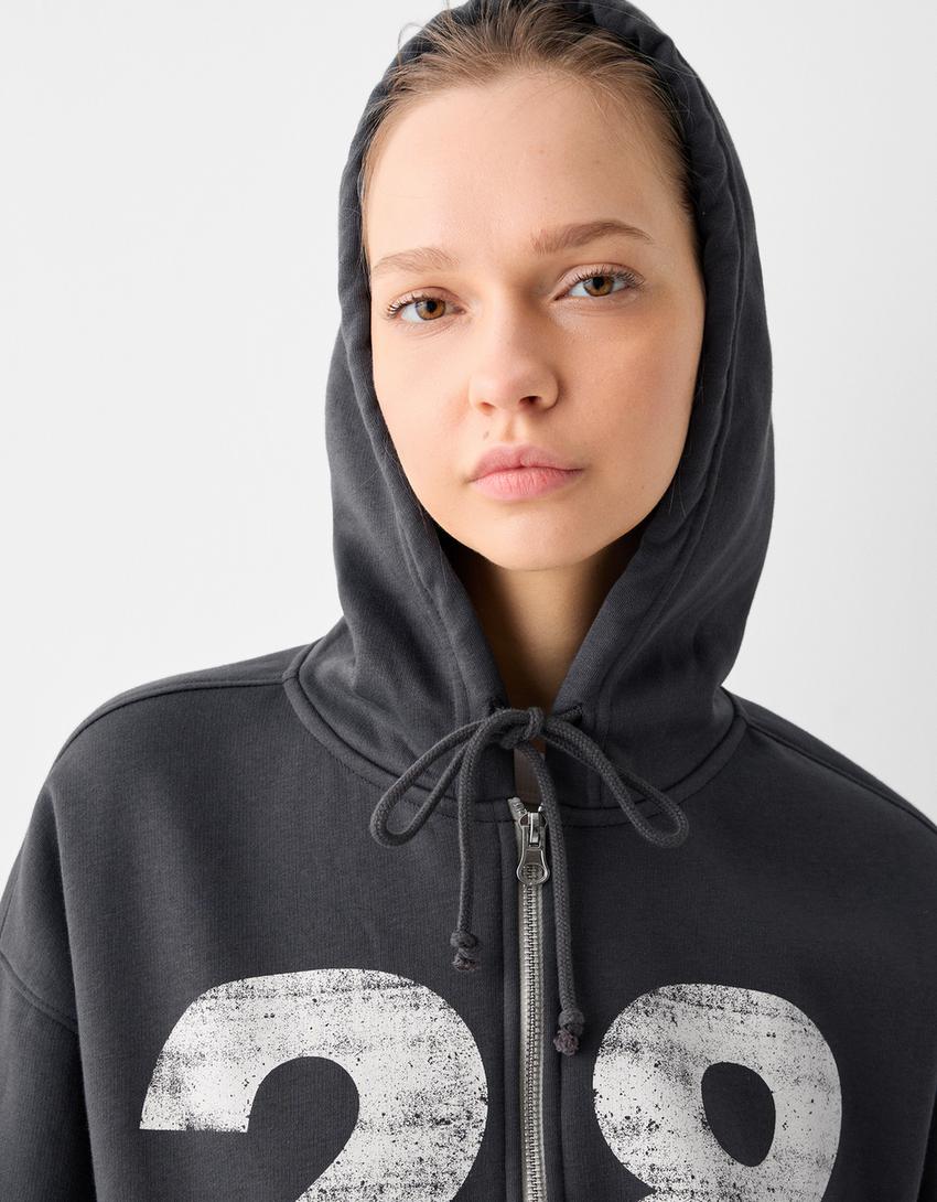 Zip-up print hoodie-Dark grey-2