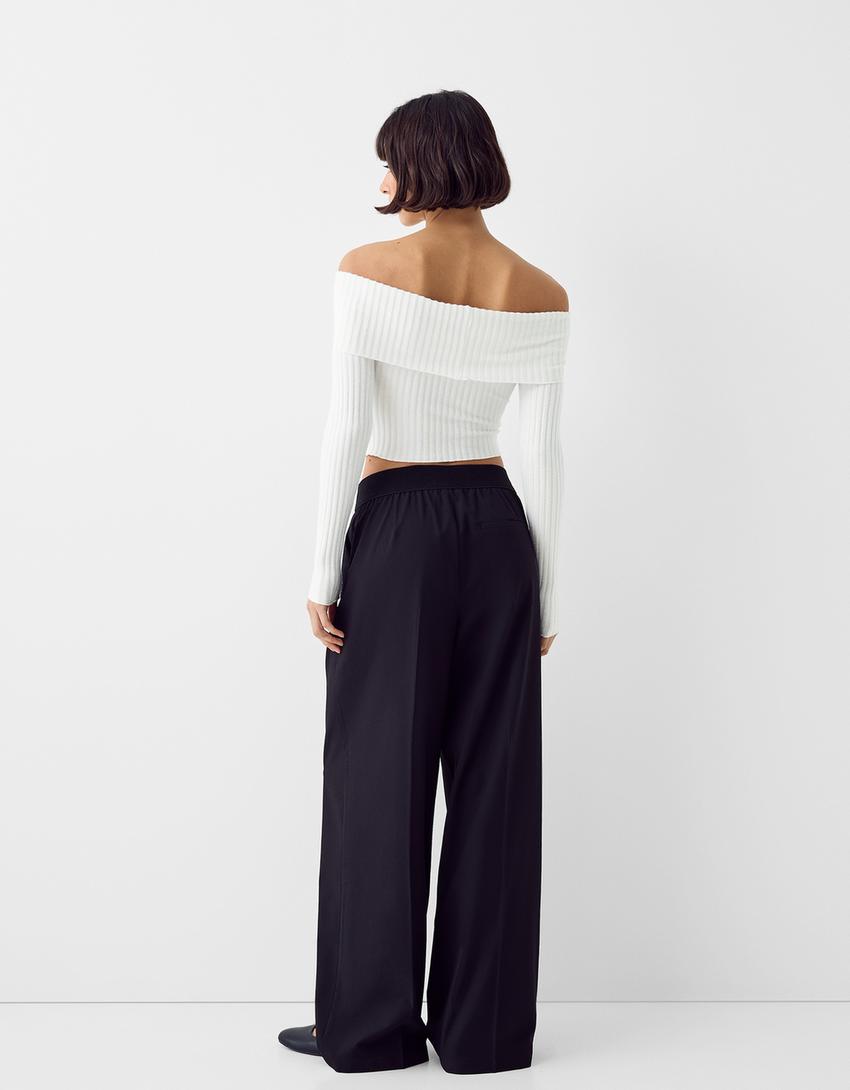 T-shirt manches longues Bardot bord-côte-Écru-1