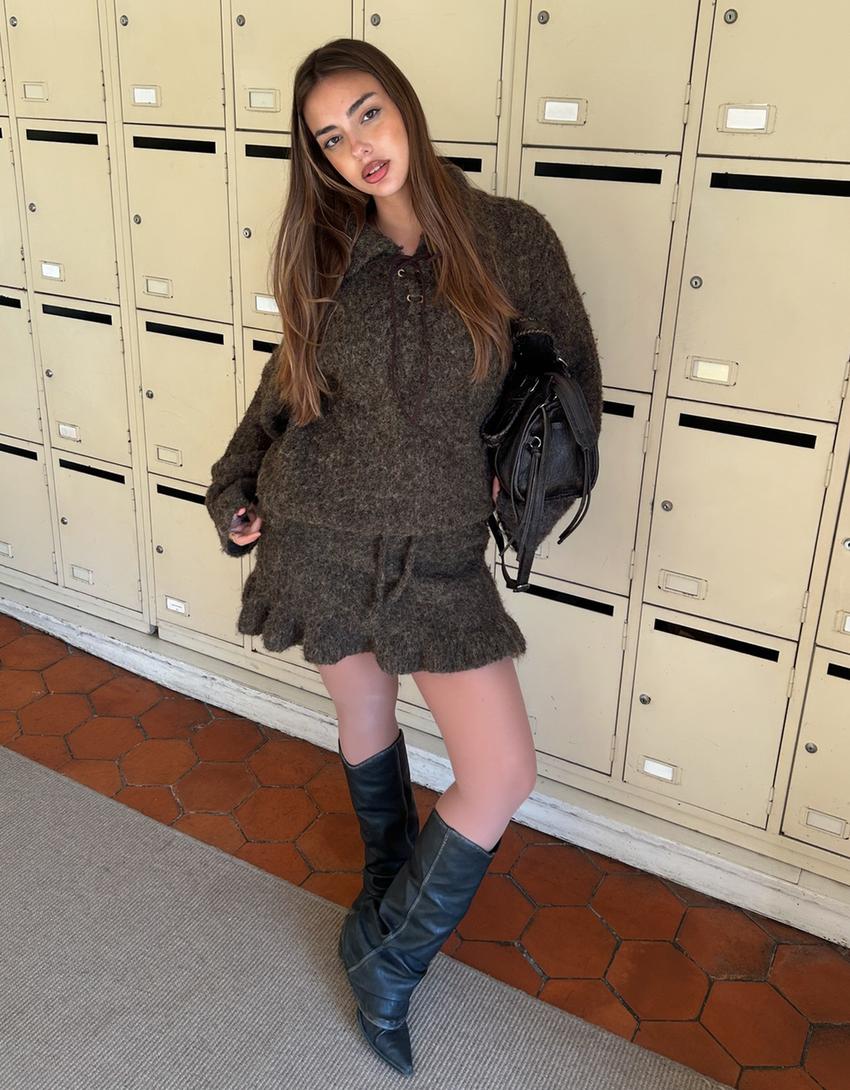 Faux suede polo collar jumper with tie detail-Brown