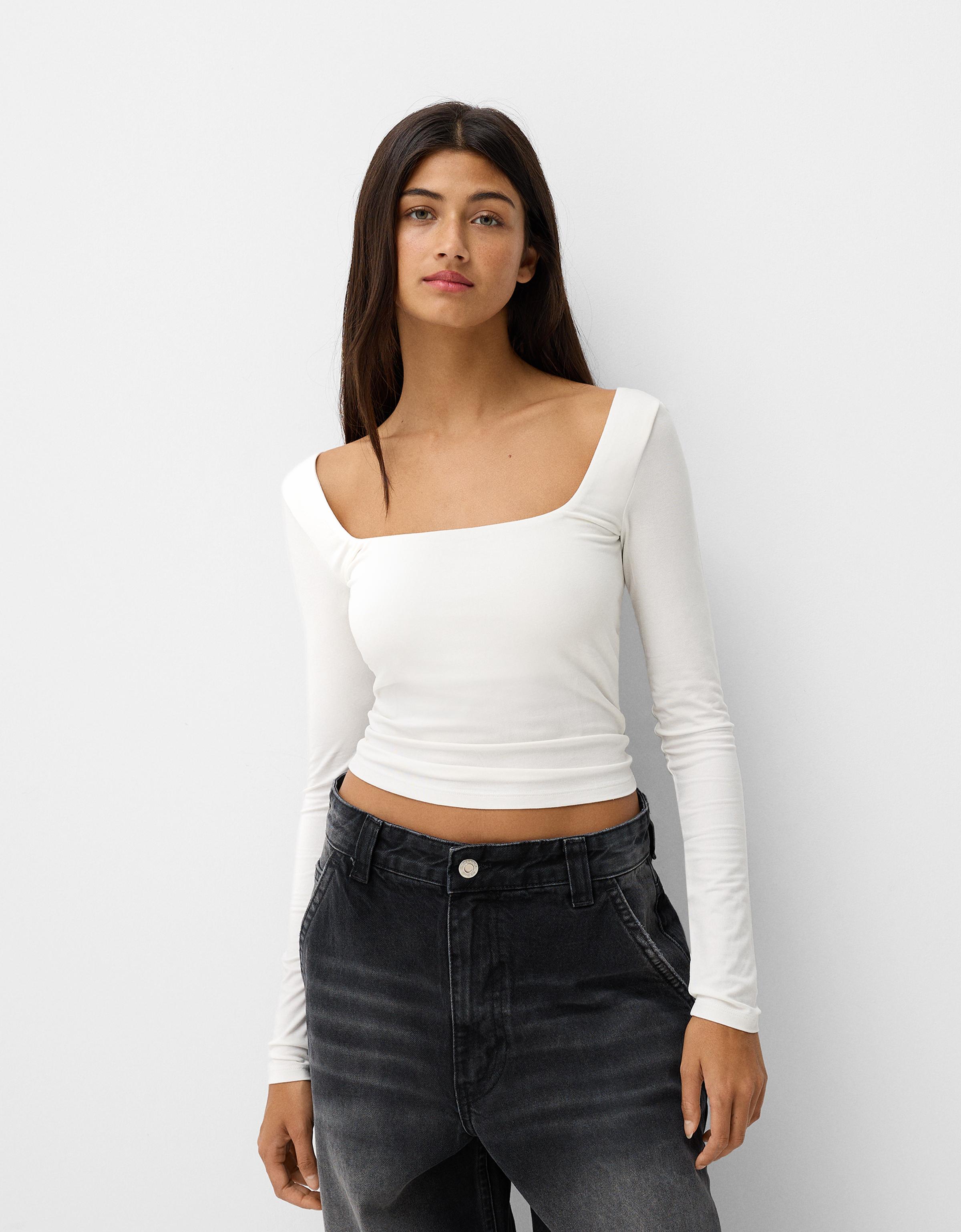 Bershka Shirt Mit Langen Ärmeln Und Kastenausschnitt Damen M Grbrochenes Weiss