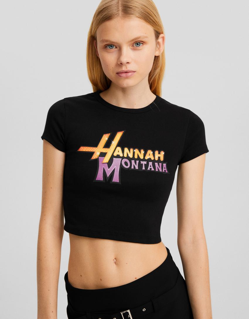 تيشرت قصير بأكمام قصيرة وطبعة هانا مونتانا-أسود-2