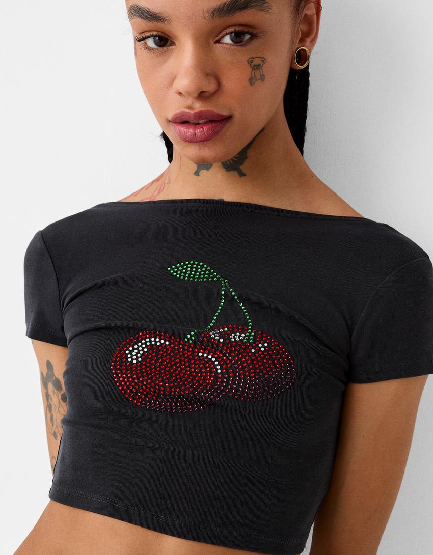 Cropped T-shirt with open back and rhinestones-Dark grey