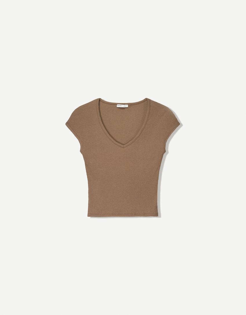 Short sleeve V-neck T-shirt-Brown