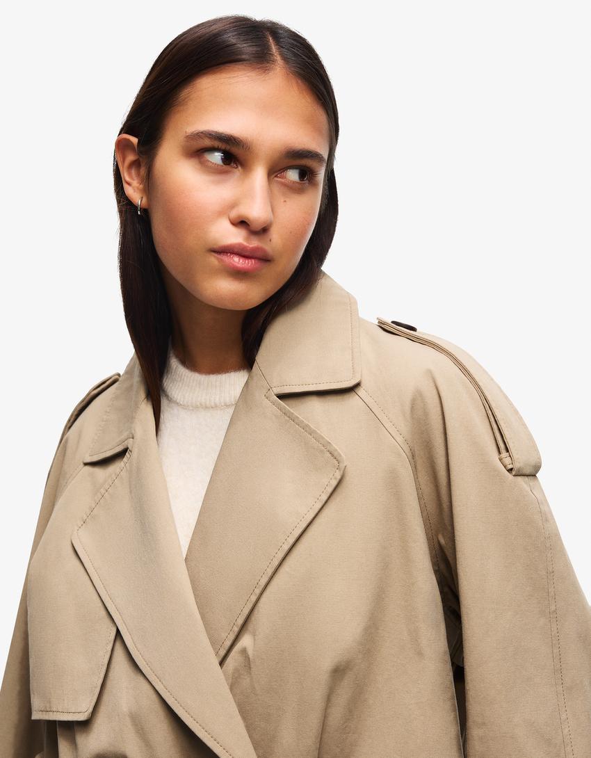 Kurzer Trenchcoat mit Puffärmeln-Camel