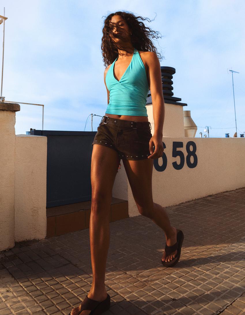 Studded faux suede shorts-Green