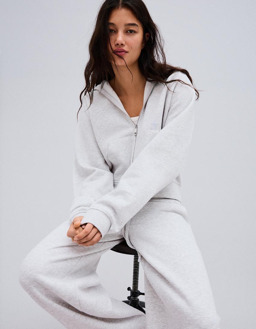 Kapüşonlu fermuarlı sweatshirt-Gri