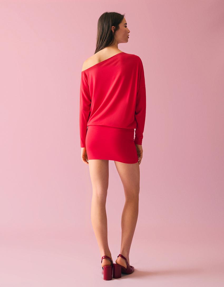 Vestido mini manga larga falda ajustada-Rojo