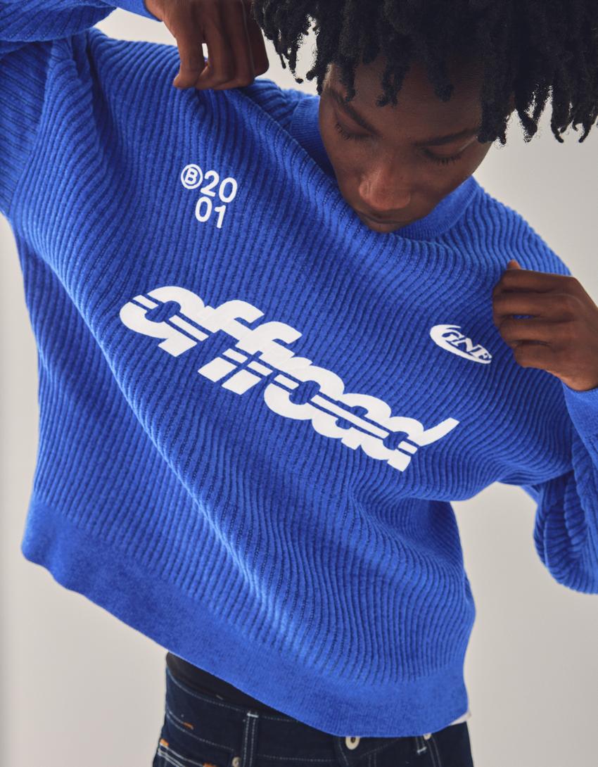 Pull col rond en chenille imprimé-Bleu