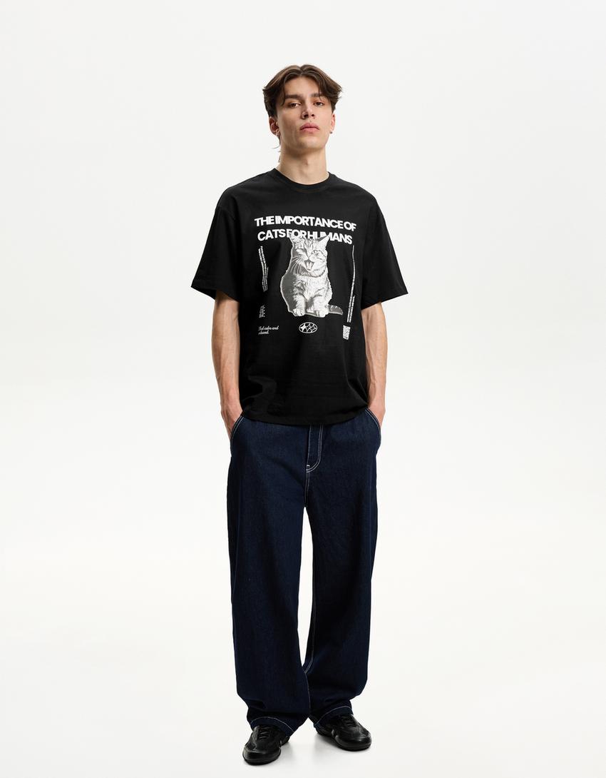 Bershka Wearable Art, rövid ujjú póló-Fekete-4