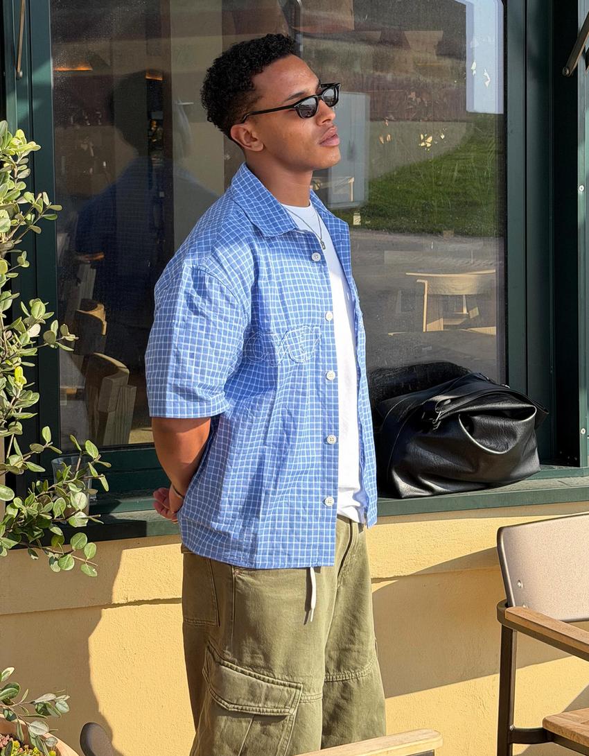 Camicia a maniche corte ricamata-Azzurro