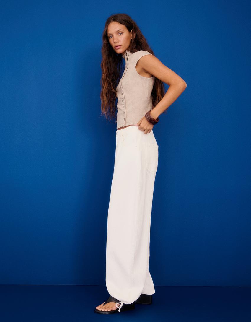 Low-rise wide balloon jeans-Cream